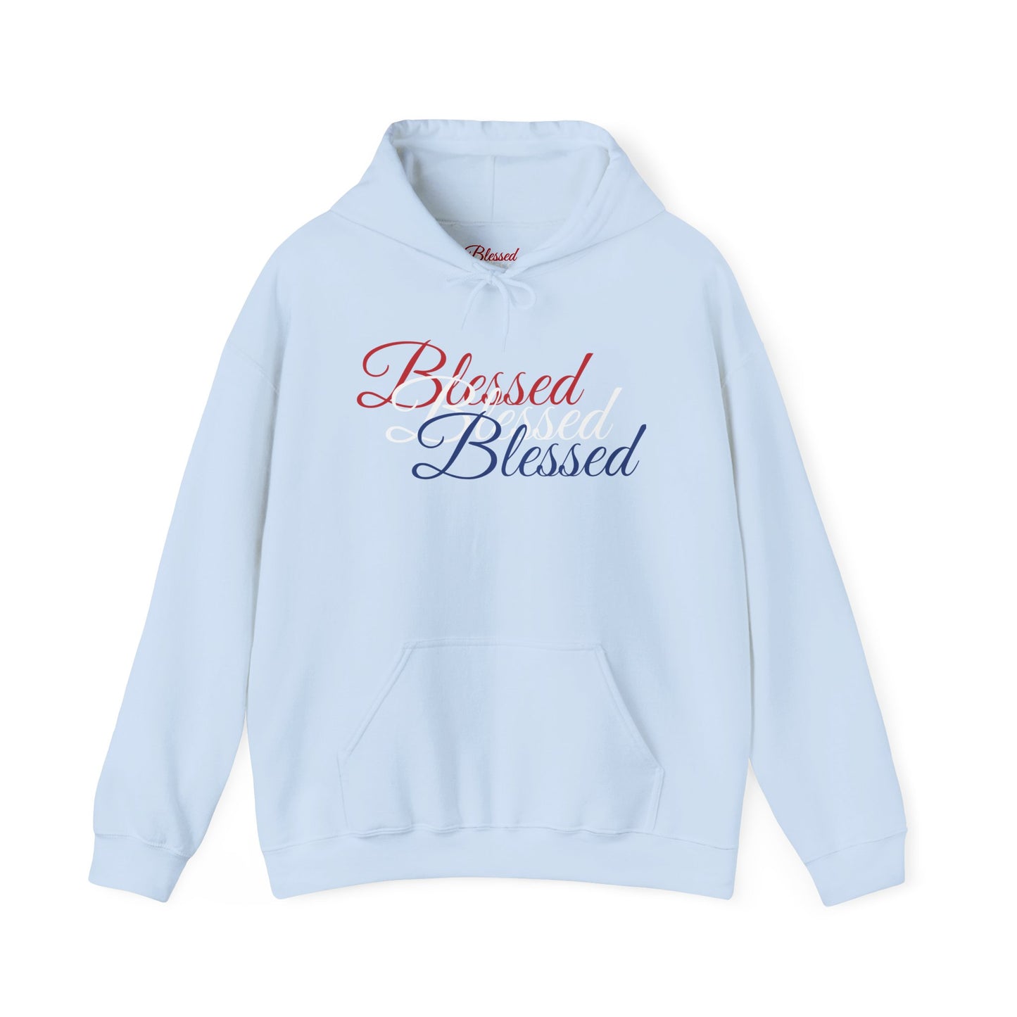 Blessed Hoodie – Patriotic Red, White & Blue Unisex Pullover Sweatshirt with Front & Back Print – Cozy, Positive Vibes Gift