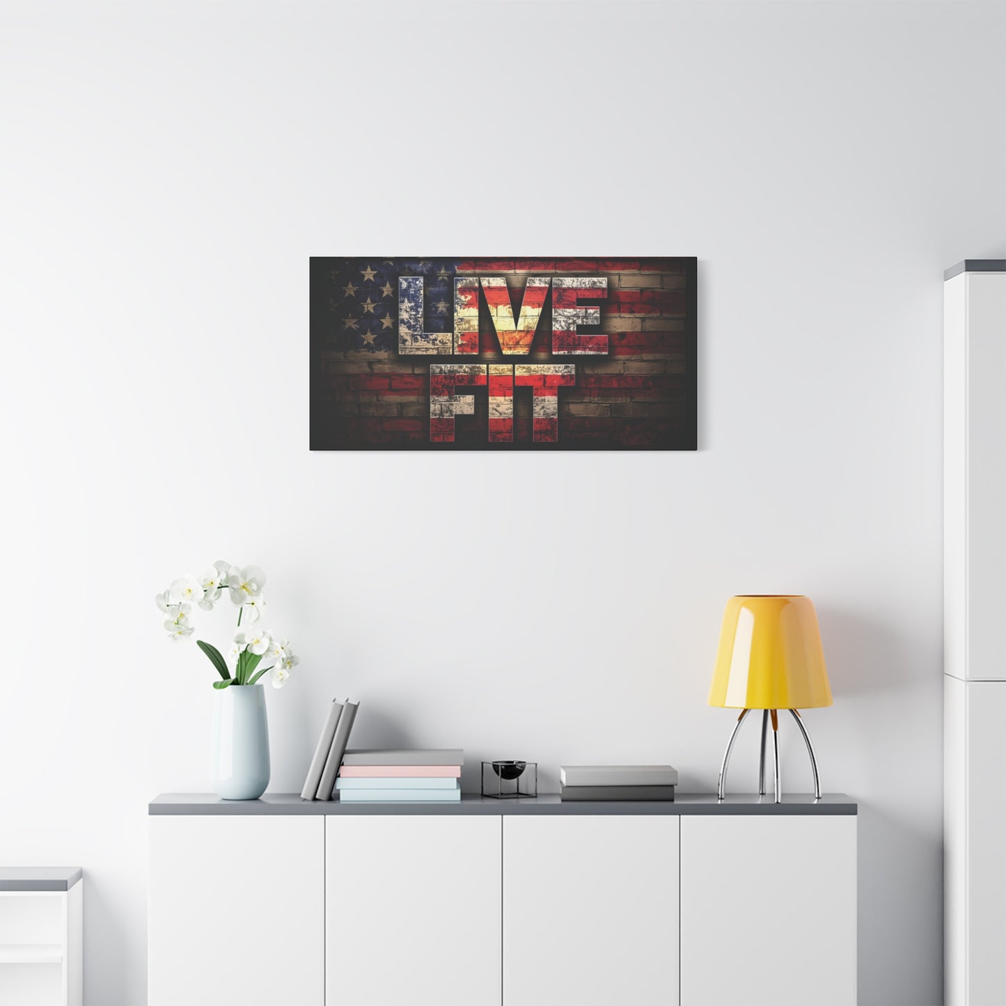 American Pride Canvas Wall Art - Live Fit Decor - Fitness Motivation - Patriotic Gift - USA Flag Artwork - Red White Blue -