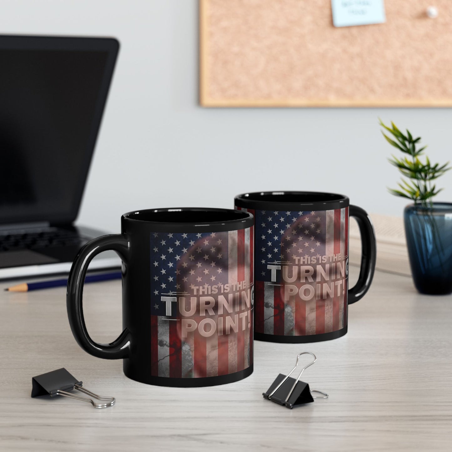 Patriotic Mug - This Is The Turning Point! - Charlie Kirk - American Flag Backdrop - Black Ceramic Mug - 11oz - 15oz -