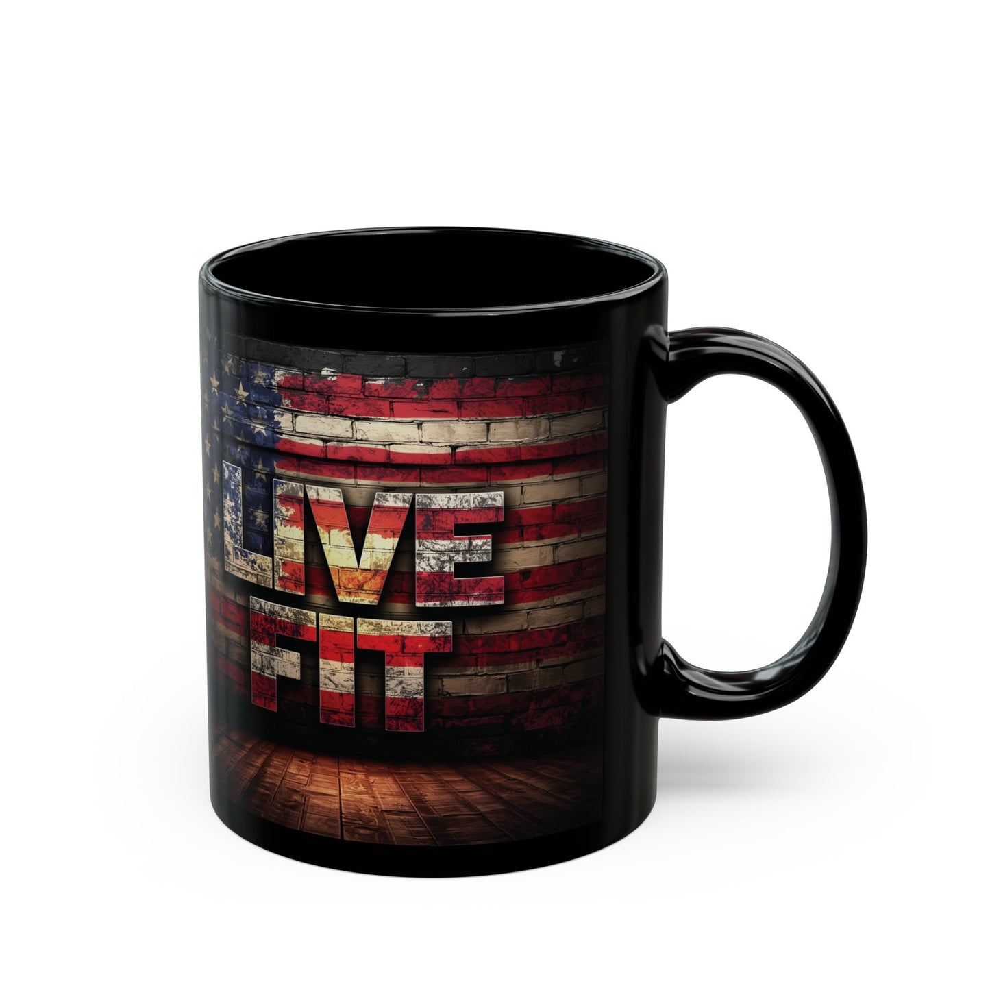 Patriotic Coffee Mug - LIVE FIT Black Ceramic Mug - USA Flag Backdrop Design - Gift for Fitness Enthusiasts - Independence Day - Home Office Decor - 11oz - 15oz -