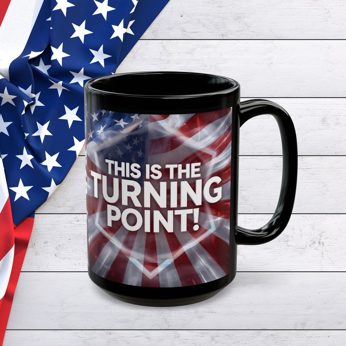 This Is The Turning Point! - Charlie Kirk - Patriotic - American Flag Backdrop- Sleek Black Ceramic Mug - 11oz - 15oz
