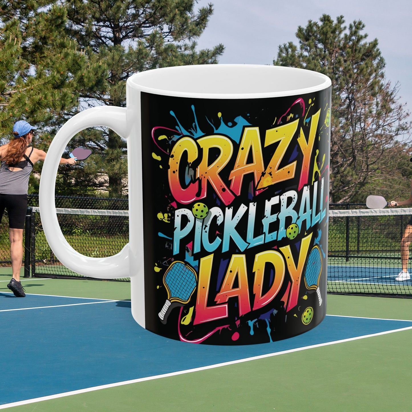 Colorful Crazy Pickleball Lady Mug, 11oz & 15oz, Fun Sports Gift for Pickleball Enthusiasts, Unique Ceramic Coffee Cup, Perfect for Birthdays