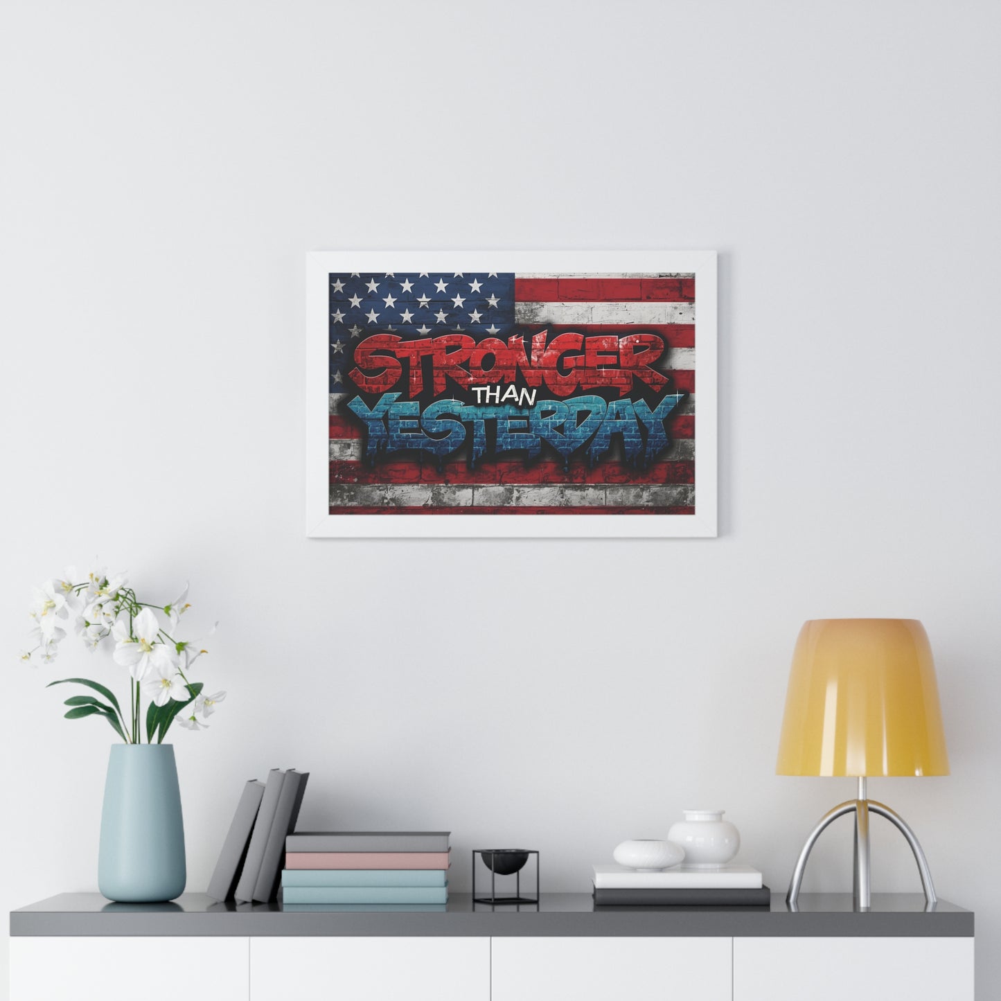 Patriotic Stronger Than Yesterday Red White Blue Wall Art Print, Framed Horizontal Poster, Inspirational Home Decor, Gift for Veterans, Americana Decor, Motivational Art