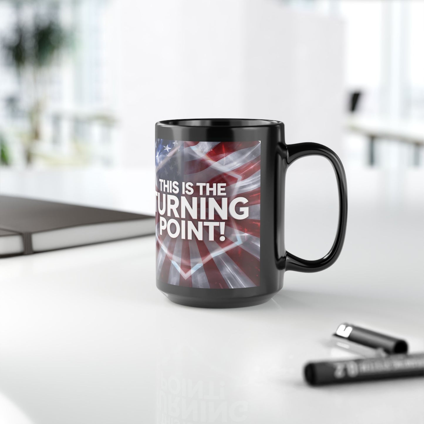 This Is The Turning Point! - Charlie Kirk - Patriotic - American Flag Backdrop- Sleek Black Ceramic Mug - 11oz - 15oz