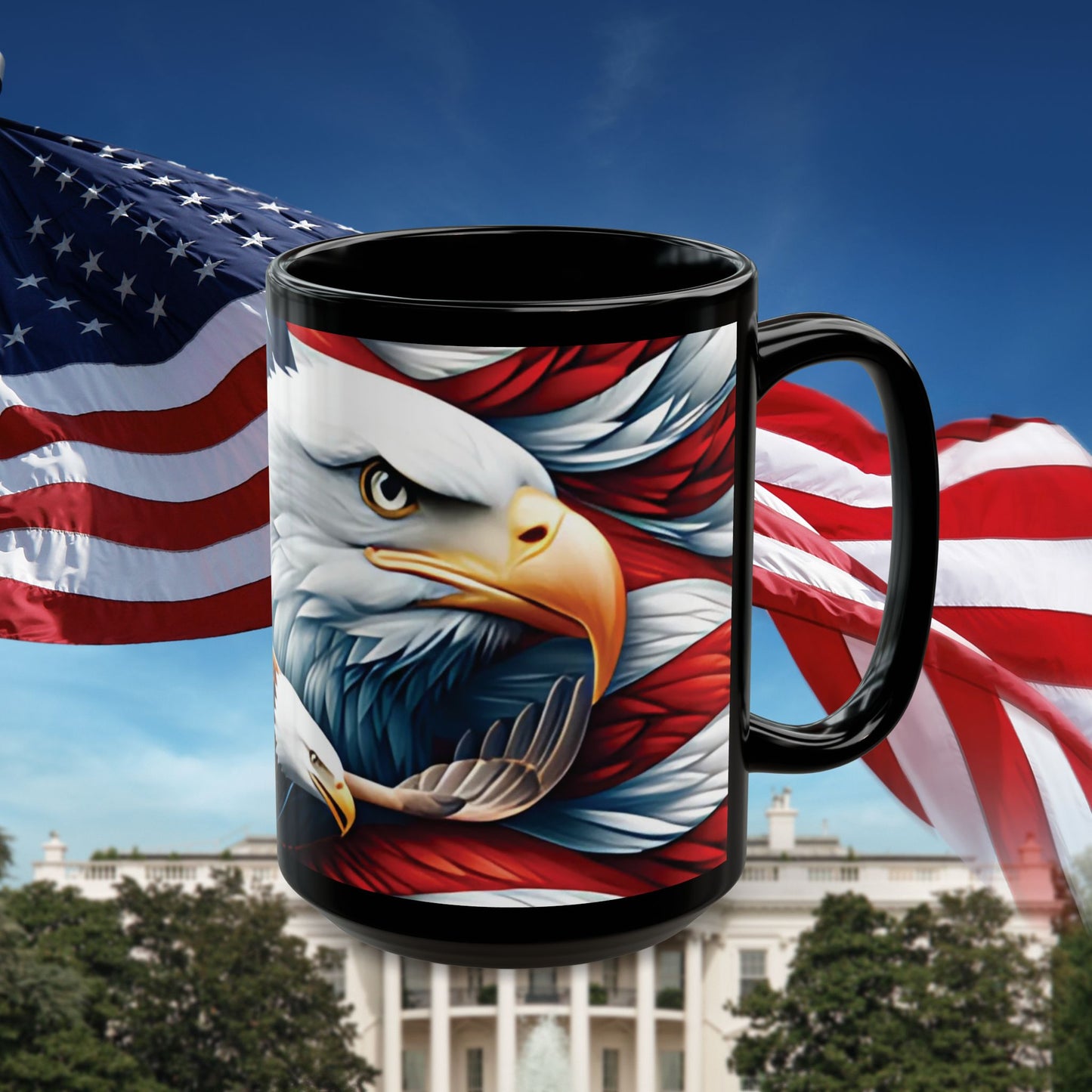 Eye-Catching Patriotic Bald Eagle American Flag Red White & Blue Black Mug 11oz & 15oz Perfect for Celebrations and Gifting