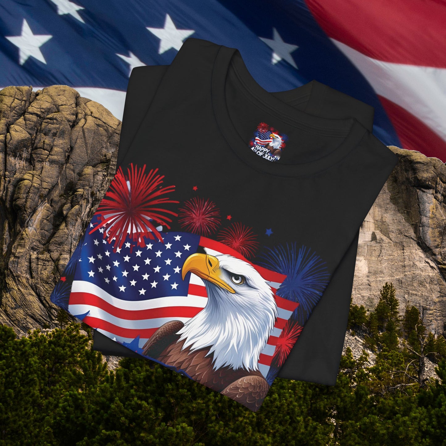 Happy 4th of July, Print Design, Unisex T-Shirt, Patriotic Print Design, Independence Day Shirt, Red White Blue Shirt, USA Tee Gift, Gift For Her, Gift For Him, American Flag, Bald Eagle