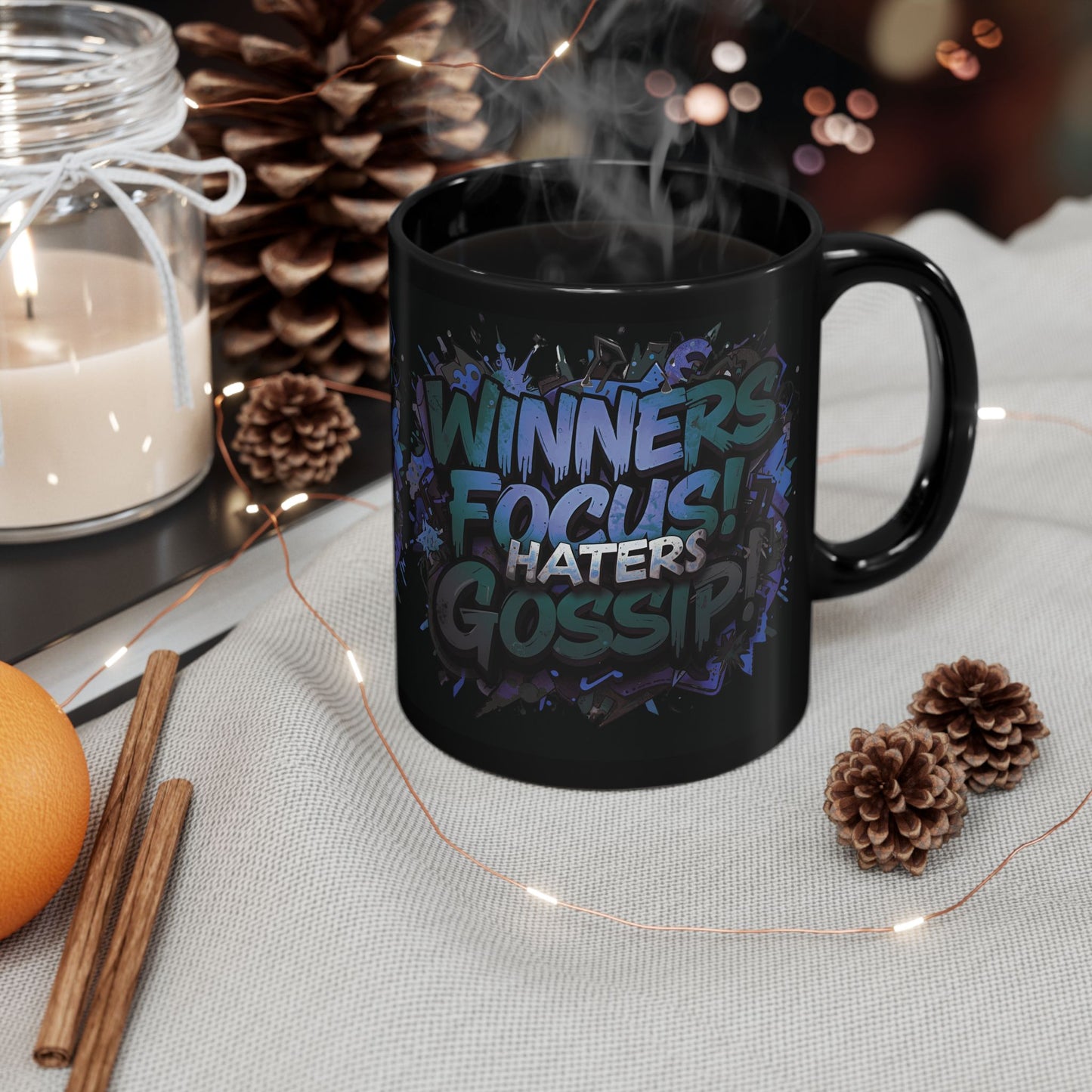 Motivational Black Mug for Winners, Gym Coffee Cup, Inspirational Gift, Home Office Decor, Unique Beverage Container