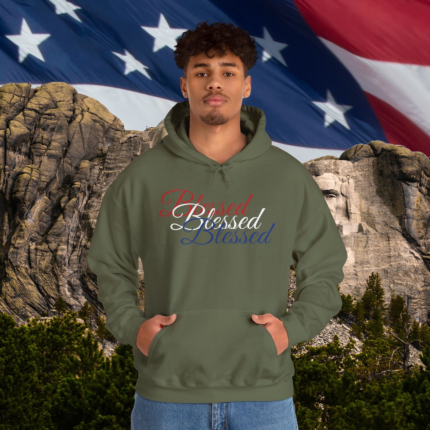 Blessed Hoodie – Patriotic Red, White & Blue Unisex Pullover Sweatshirt with Front & Back Print – Cozy, Positive Vibes Gift