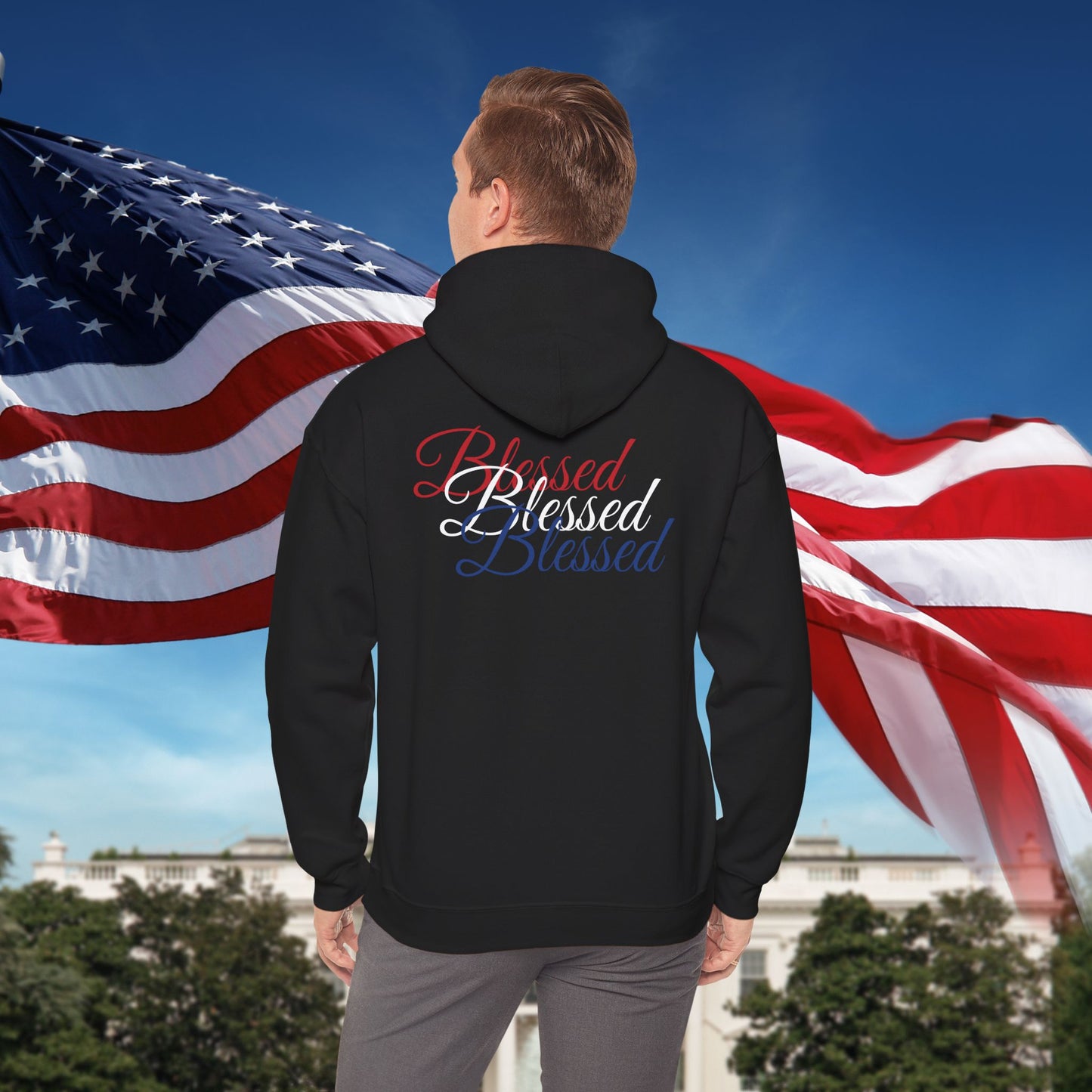 Blessed Hoodie – Patriotic Red, White & Blue Unisex Pullover Sweatshirt with Front & Back Print – Cozy, Positive Vibes Gift