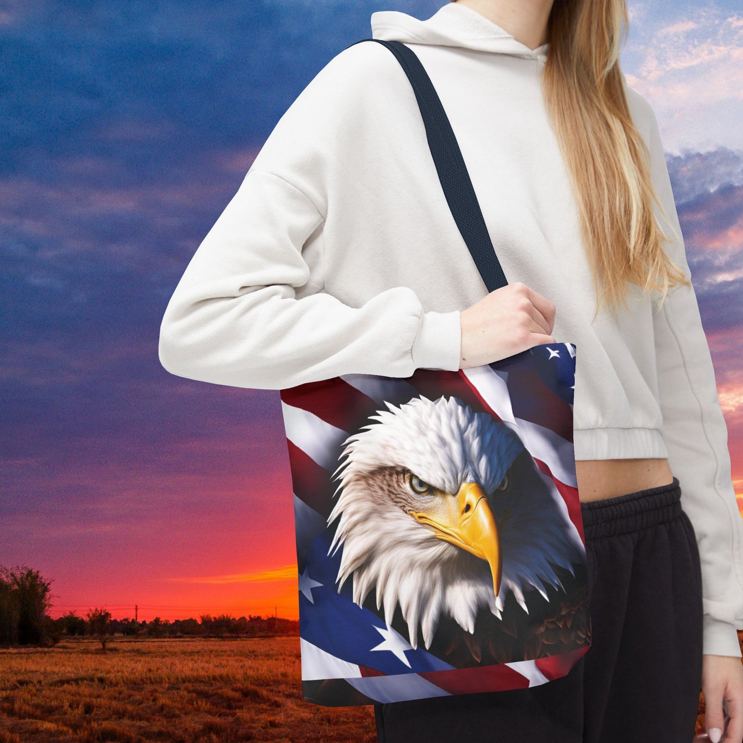 Patriotic Stylish American Flag Bald Eagle Red White & Blue All Over Print Tote Bag