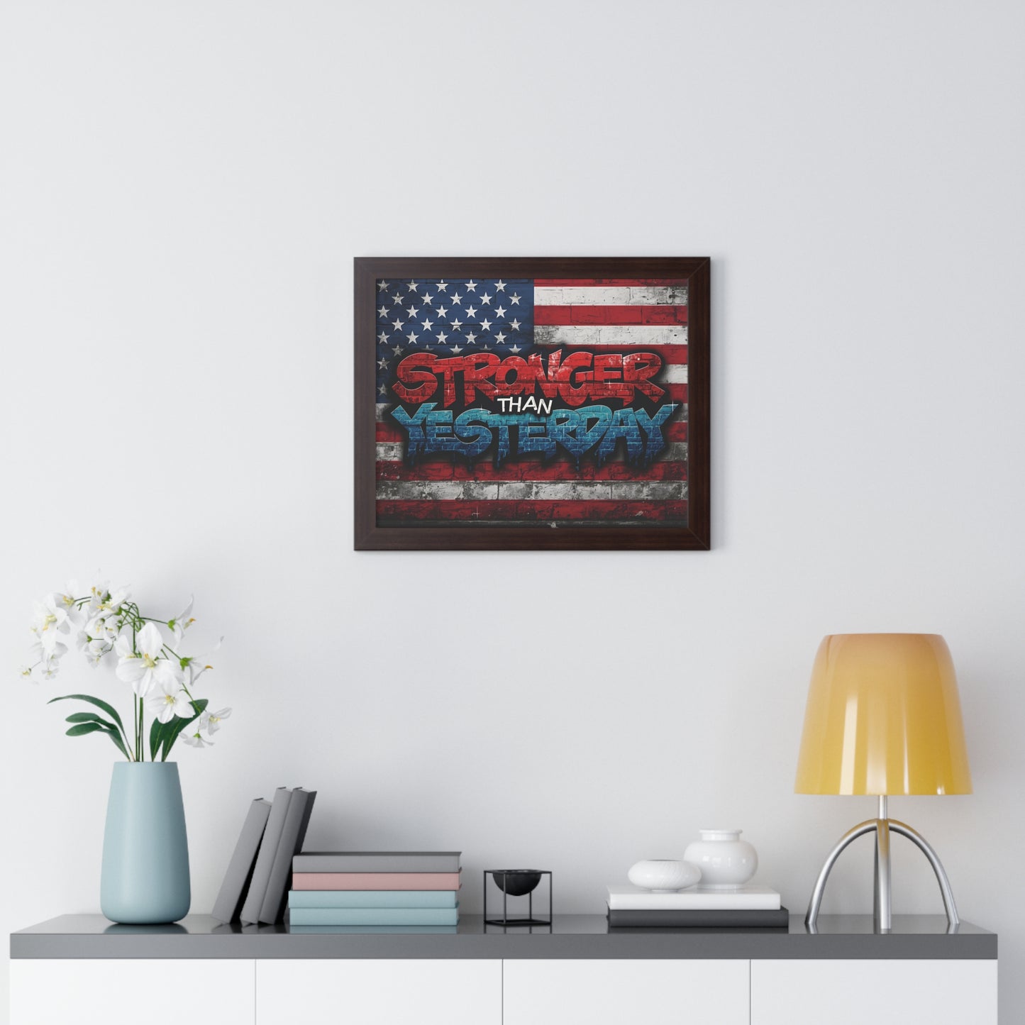 Patriotic Stronger Than Yesterday Red White Blue Wall Art Print, Framed Horizontal Poster, Inspirational Home Decor, Gift for Veterans, Americana Decor, Motivational Art