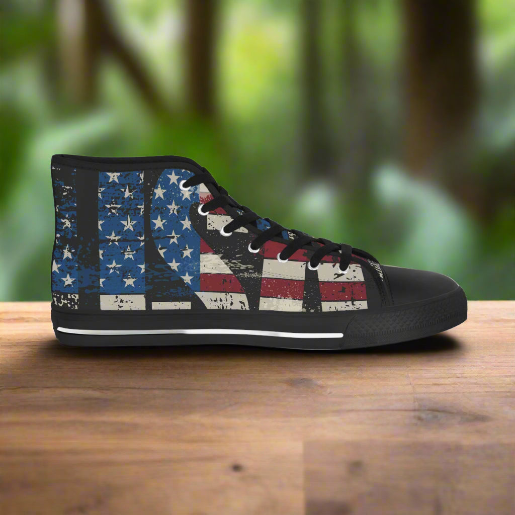 💥USA 💥 Red White & Blue 💥Unisex 💥 High Top Sneakers 💥 Patriotic Vibe 💥 Full Wrap Around Print 💥