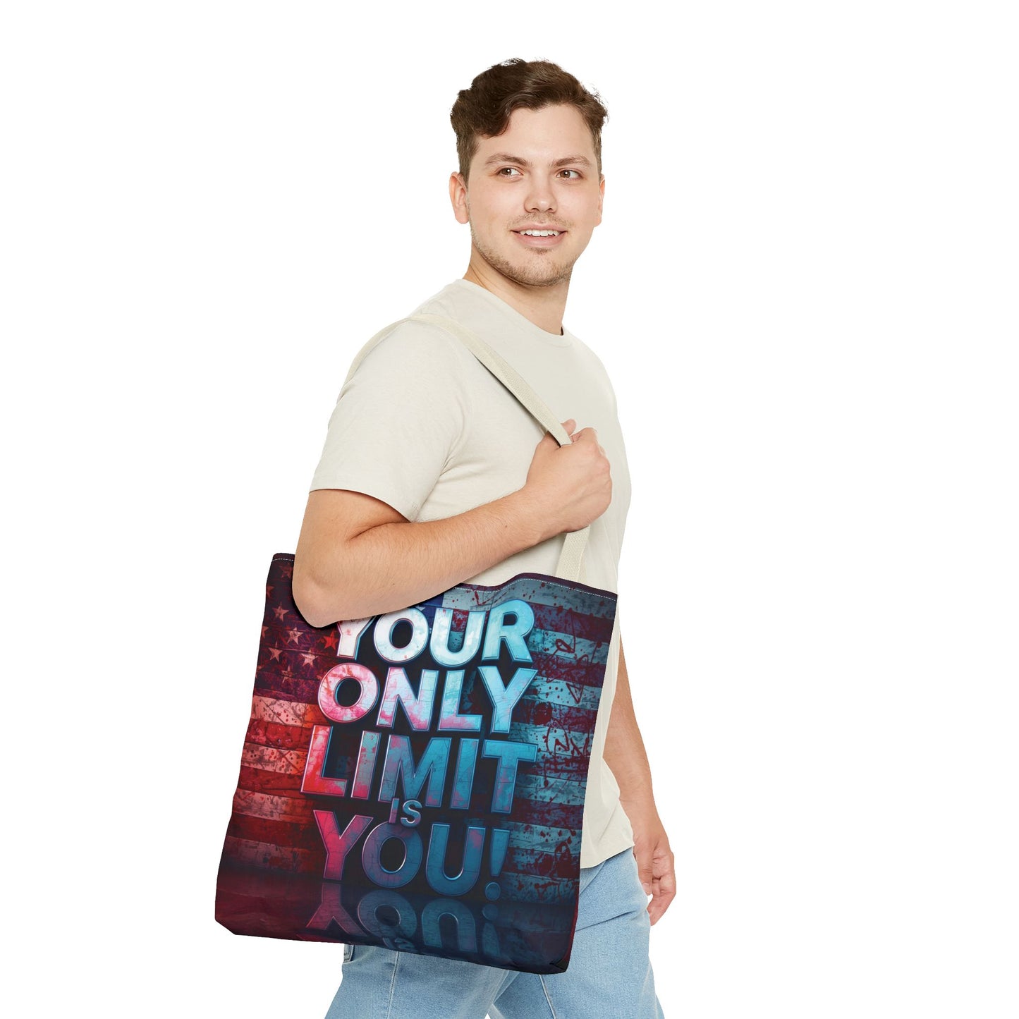 Motivational Tote Bag, Your Only Limit is You!, Inspirational Gift, USA Flag Design, Eco-Friendly Everyday Tote