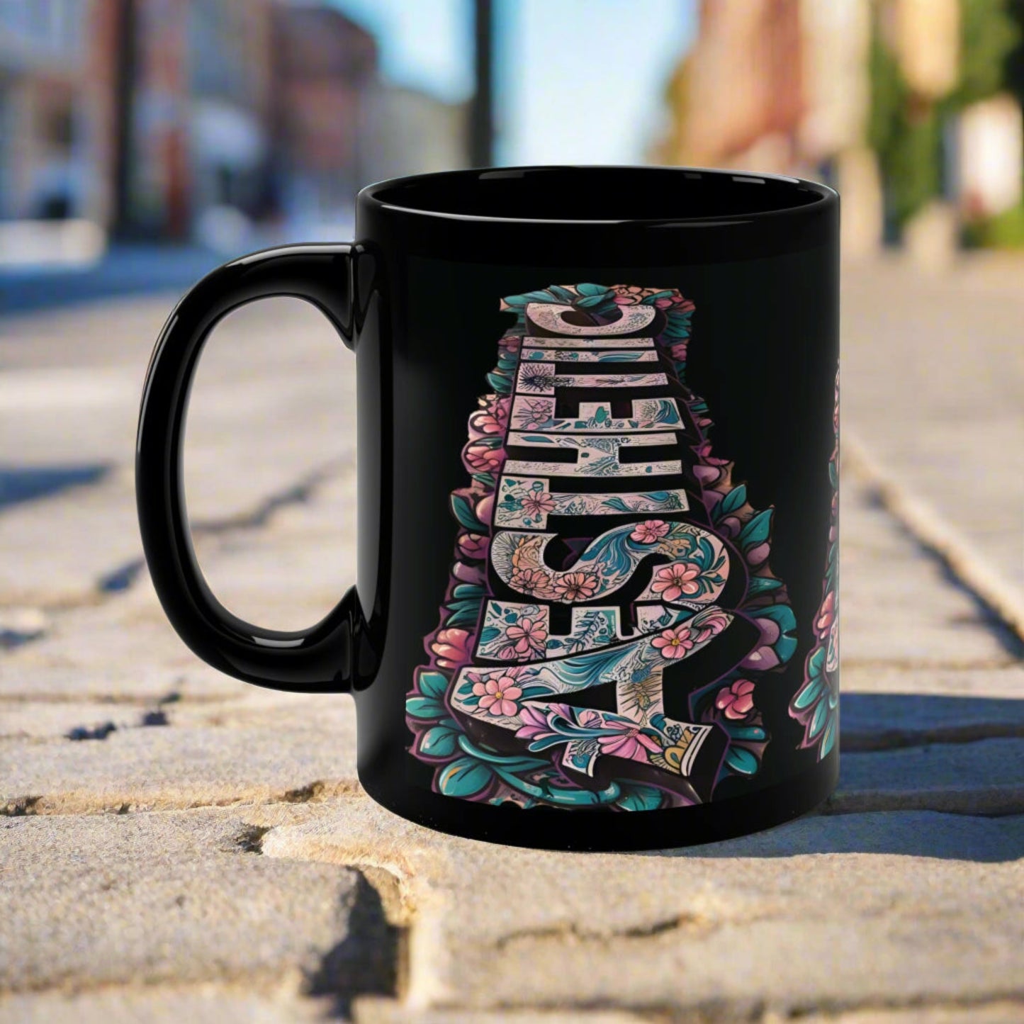 Stylish Aesthetic Floral Black Ceramic Coffee Mug - 11oz Inspirational Drinkware