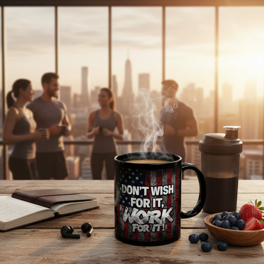 Black Ceramic Mug - Don't Wish For It Work For It! - Vintage American Flag Background (11oz-15oz)