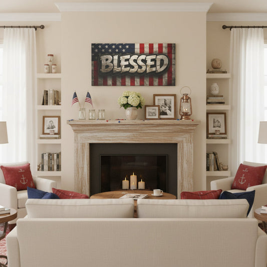 Living room with a fireplace, 'Blessed' sign, and decorative pillows.