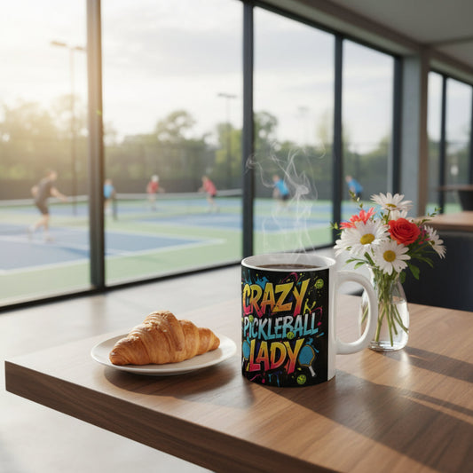 Cup with 'Crazy Pickleball Lady' text on a table with a croissant and flowers, with a pickleball court in the background.
