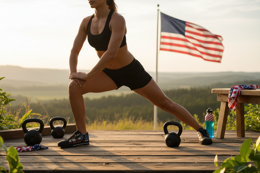 Black sneakers with an American flag design on a wooden surface with an American flag in the background.