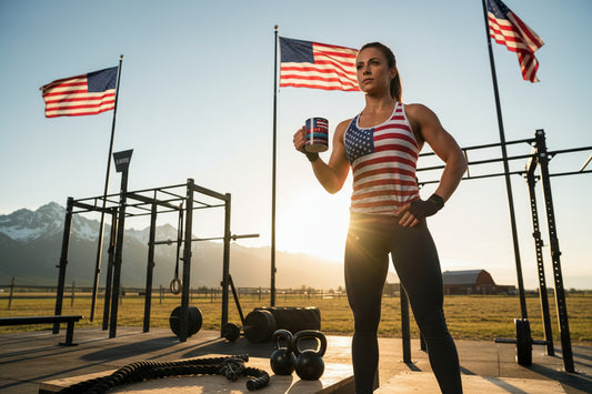 Woman in a patriotic outfit holding a mug that says Stronger Than Yesterday with American flags in an outdoor fitness area.