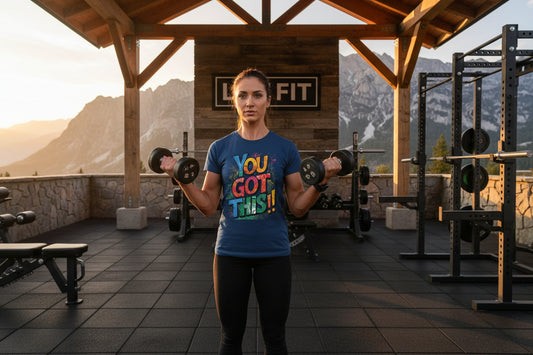A woman exercising with dumbbells wearing a blue t-shirt with You Got This!! text in a mountainous outdoor setting.