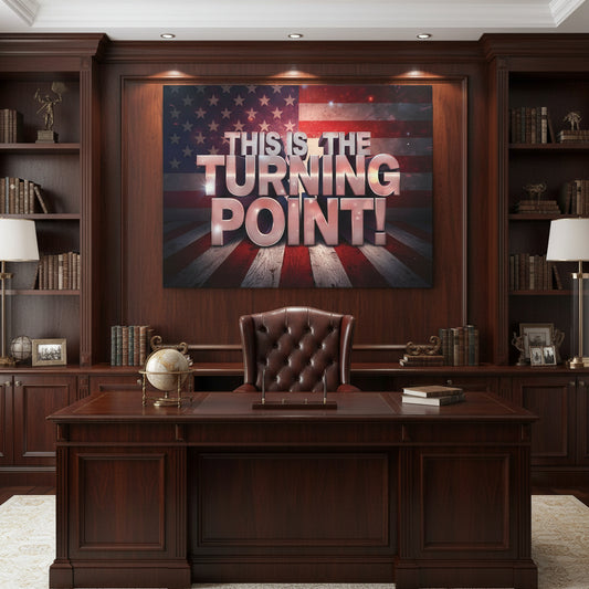 American flag backdrop with 'This is the Turning Point!' text in an office setting.