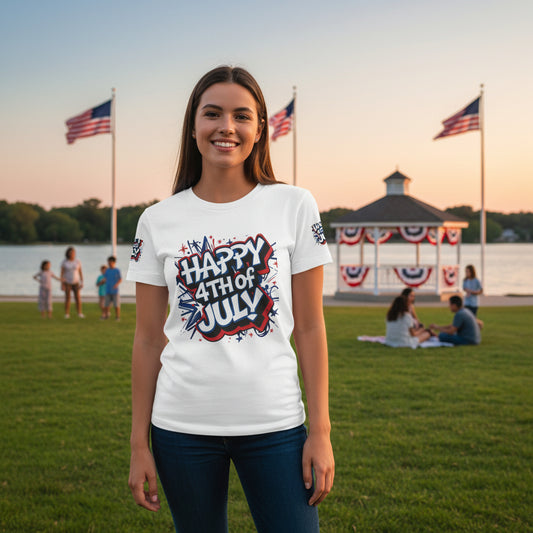 A woman wearing a t-shirt with a 'Happy 4th of July' design in front of American flags.
