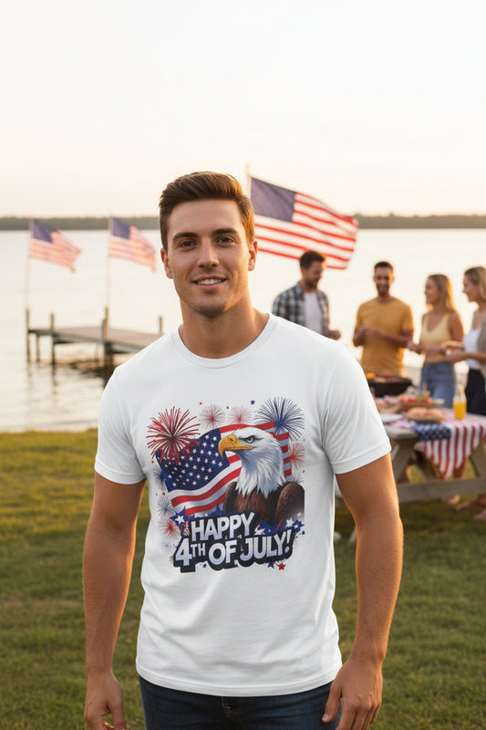 Man wearing a 'Happy 4th of July' t-shirt with an eagle and American flag design, standing outdoors with American flags in the background.