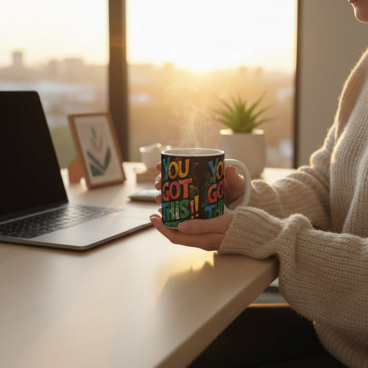 Person holding a mug with 'YOU GOT THIS!!' text in a cozy home setting with a laptop and window view.