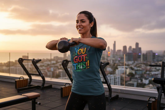 A woman exercising with a kettlebell wearing a t-shirt that says You Got This!! on a rooftop with a city skyline in the background.
