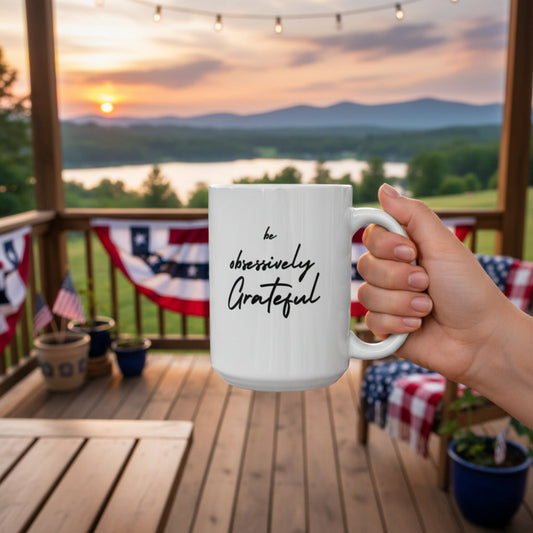 Inspiring Be Obsessively Grateful Black Print 11oz & 15oz Clean White Ceramic Coffee Mug, Perfect Gift for Friends, Motivational Office Decor, Daily Affirmation, Home & Kitchen