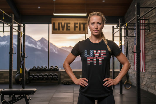 Black t-shirt with 'LIVE FIT' design in a gym setting.