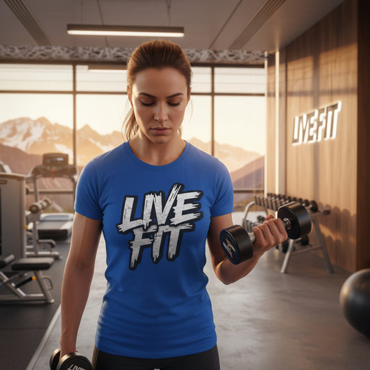 Blue t-shirt with 'LIVE FIT' text in a gym setting.