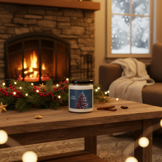 Candle with a Merry Christmas tree design on a wooden table in a cozy living room with a fireplace and window.