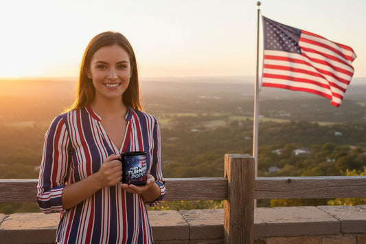 Black mug with an American flag design and 'This is the Turning Point!' text with an American flag background.