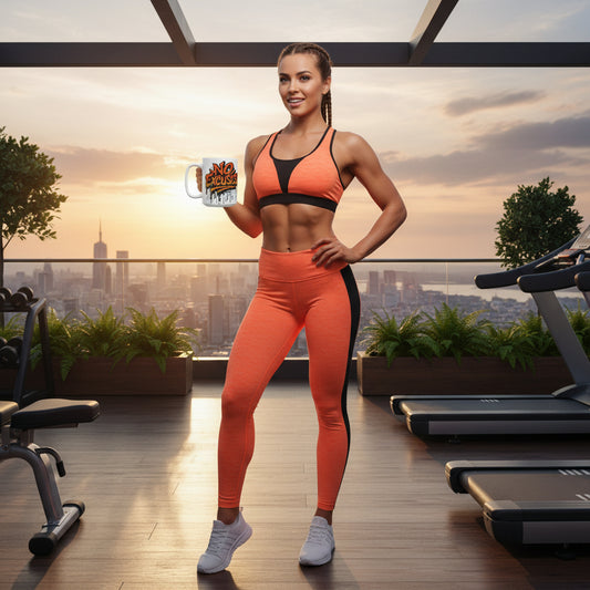 A woman in fitness attire holding a mug that says No Excuses! with a gym cityscape background.