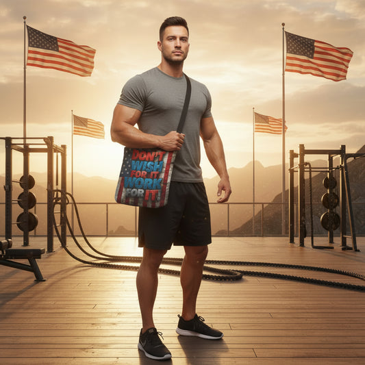 Man holding a tote bag with motivational text that says Don't Wish For It Work For It! with a vintage American flag backdrop, in an outdoor fitness setting with American flags.
