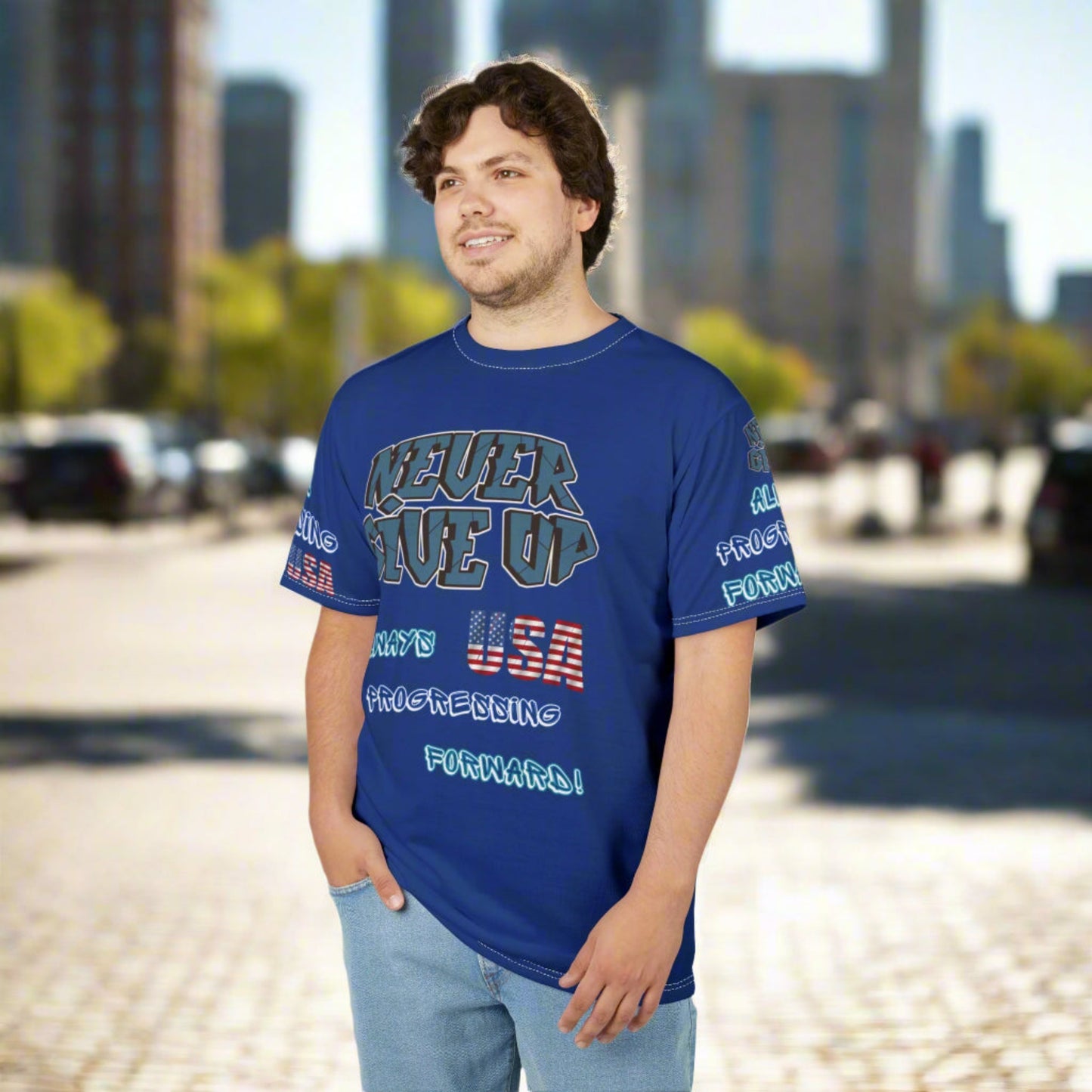 💥Motivational 💥 Unisex T-Shirt 💥 Never Give Up 💥 Always Pressing Forward 💥 USA 💥 Design 💥 Sizes