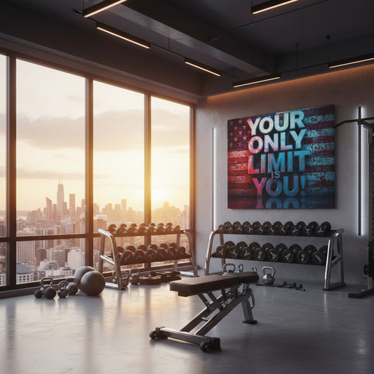 Modern gym interior with motivational Your Only Limit Is You! canvas wall art and city view.
