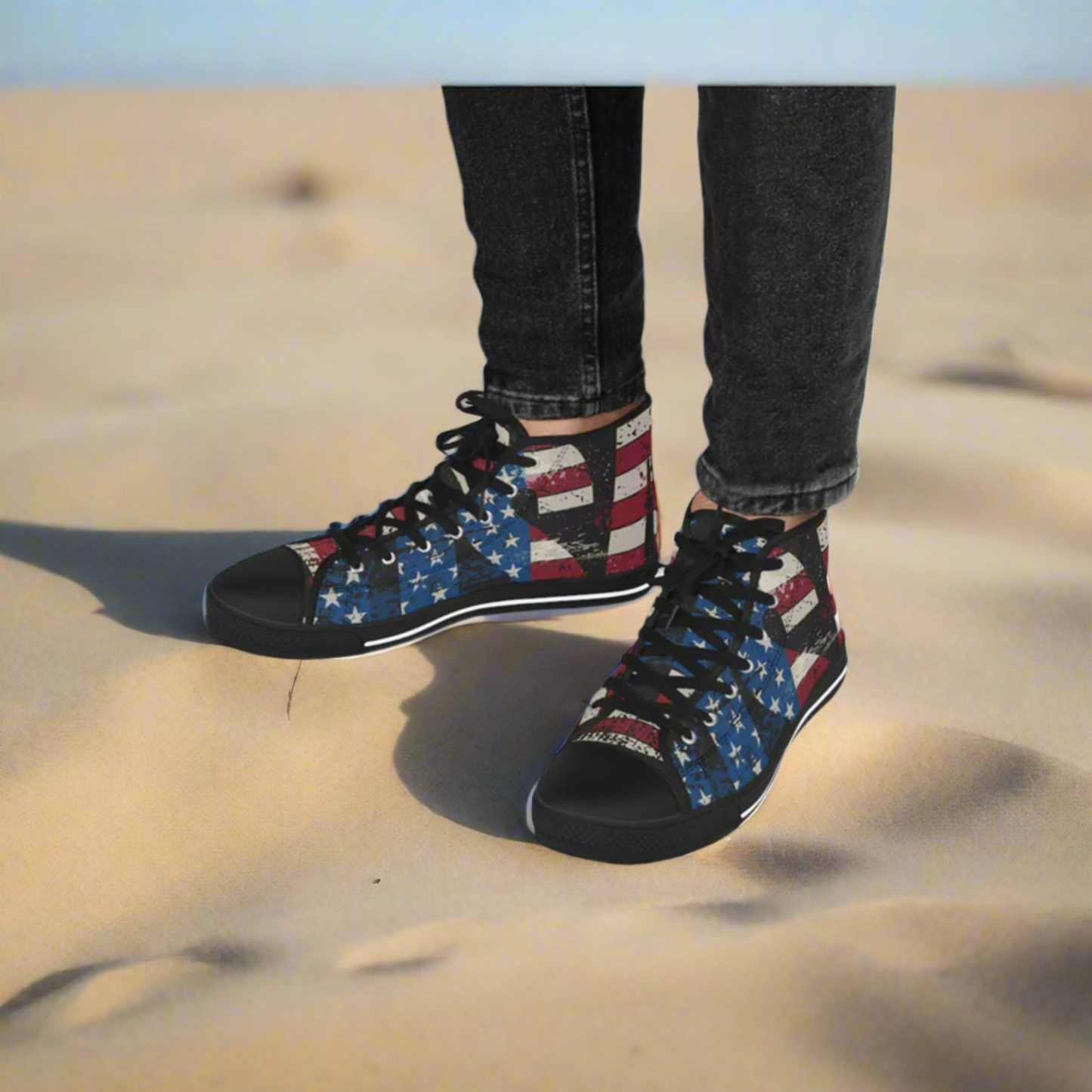 💥USA 💥 Red White & Blue 💥Unisex 💥 High Top Sneakers 💥 Patriotic Vibe 💥 Full Wrap Around Print 💥