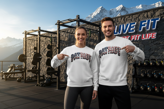 A man and a woman standing on an outdoor fitness deck in front of a stone wall with mountains in the background, both wearing matching white sweatshirts with 'PATRIOT' printed across the chest and pointing at the text.
