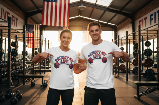 A smiling man and woman are standing in a gym, both wearing white graphic T-shirts with the American flag lettering pattern text 'Patriot Fit Life' design, featuring a barbell graphic. The background shows weight racks, dumbbells, kettlebells, and American flags hanging from the ceiling.