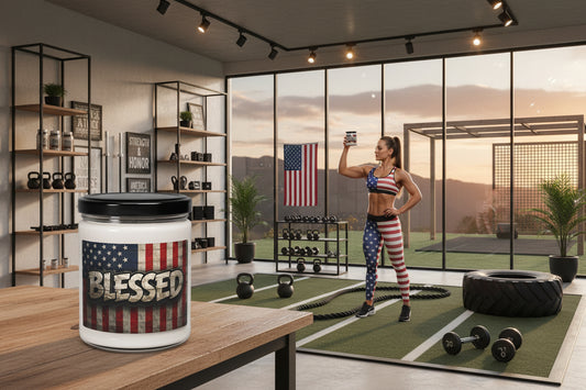 A woman exercising in a home gym with a 'Blessed' candle container on a table.