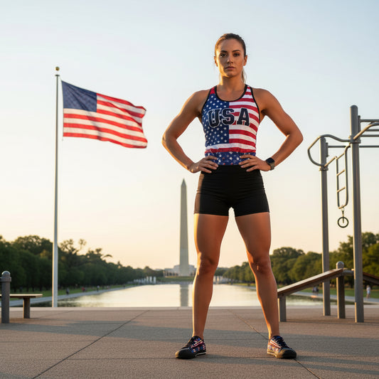 Black sneakers with American flag design worn by a person, with an American flag and White House in the background.