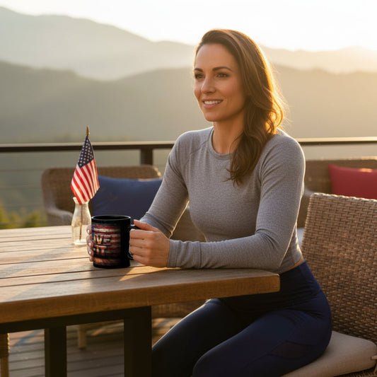 Woman sitting at a table with a mug and American flag, enjoying a scenic view.