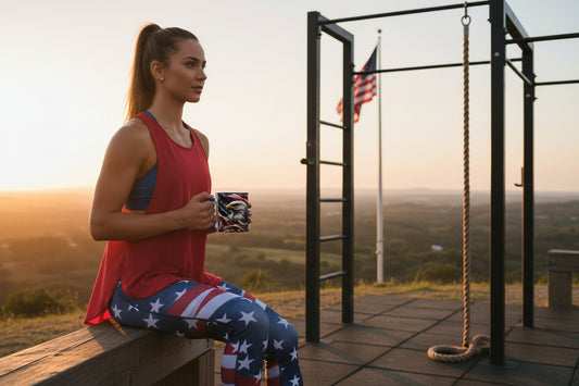 A woman in athletic wear sitting on a wooden platform with a scenic view, holding an American flag and a bald eagle mug.
