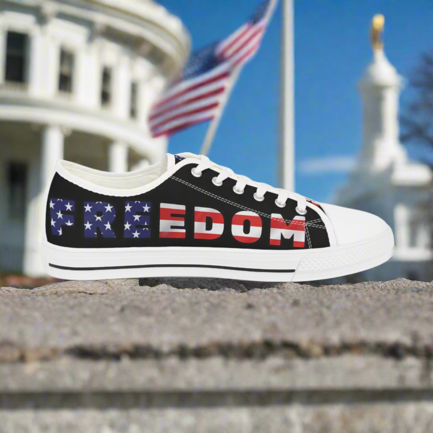 💥 Patriotic Shoes 💥 Stylish 💥 Freedom Design💥 Red White & Blue 💥 Low Top Sneakers 💥Sizes US 5-14 💥2 Choices to Choose From 💥 White Sole 💥Black Sole 💥 Beautiful Full Wraparound Print 💥