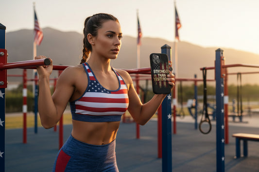 Phone case with vintage American flag design and 'Stronger Than Yesterday' text.