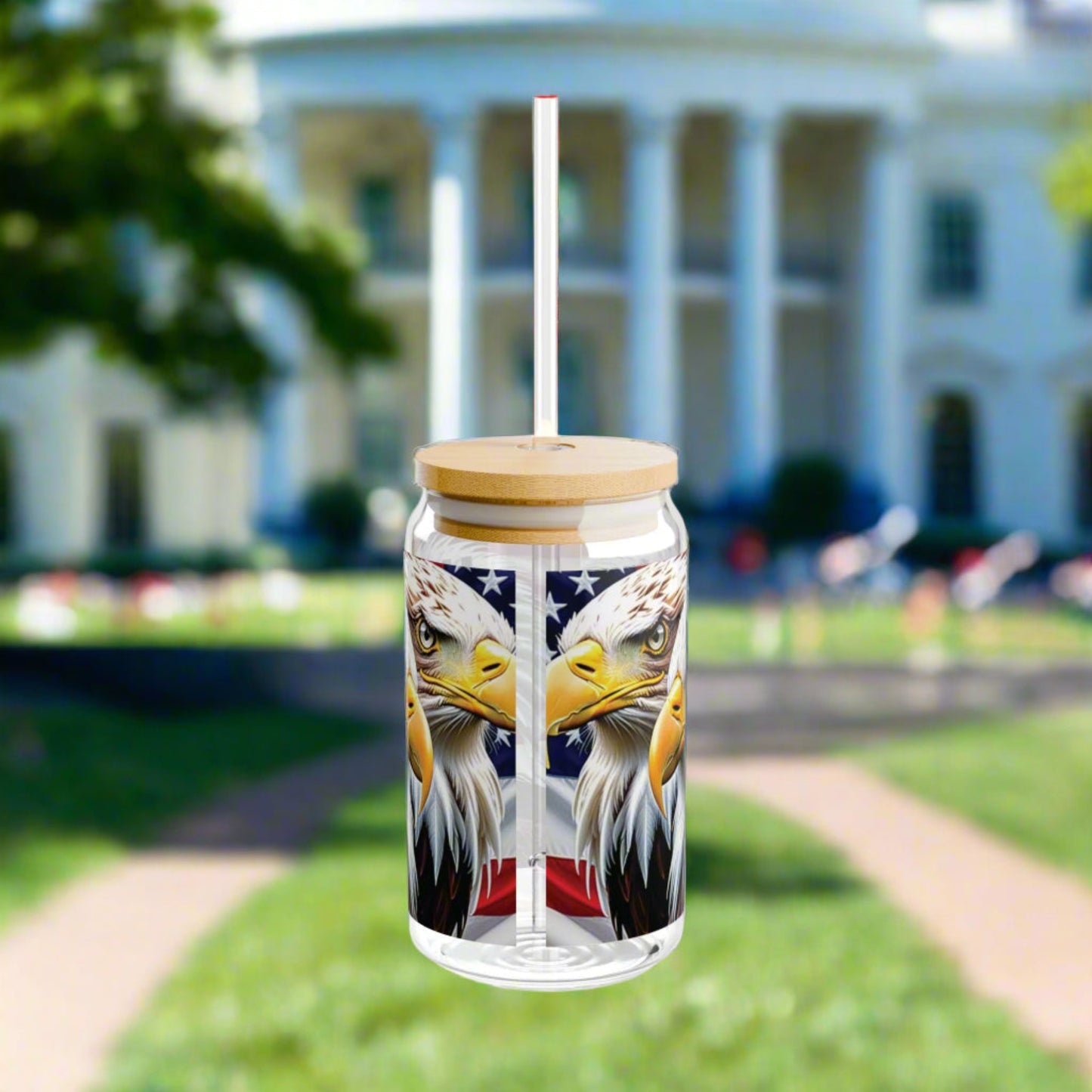 💥Patriotic 💥 USA 💥 Bald Eagles 💥 16oz 💥 Sipper Glass💥 with BPA-Free Tritan Straw & 💥 Bamboo Lid 💥