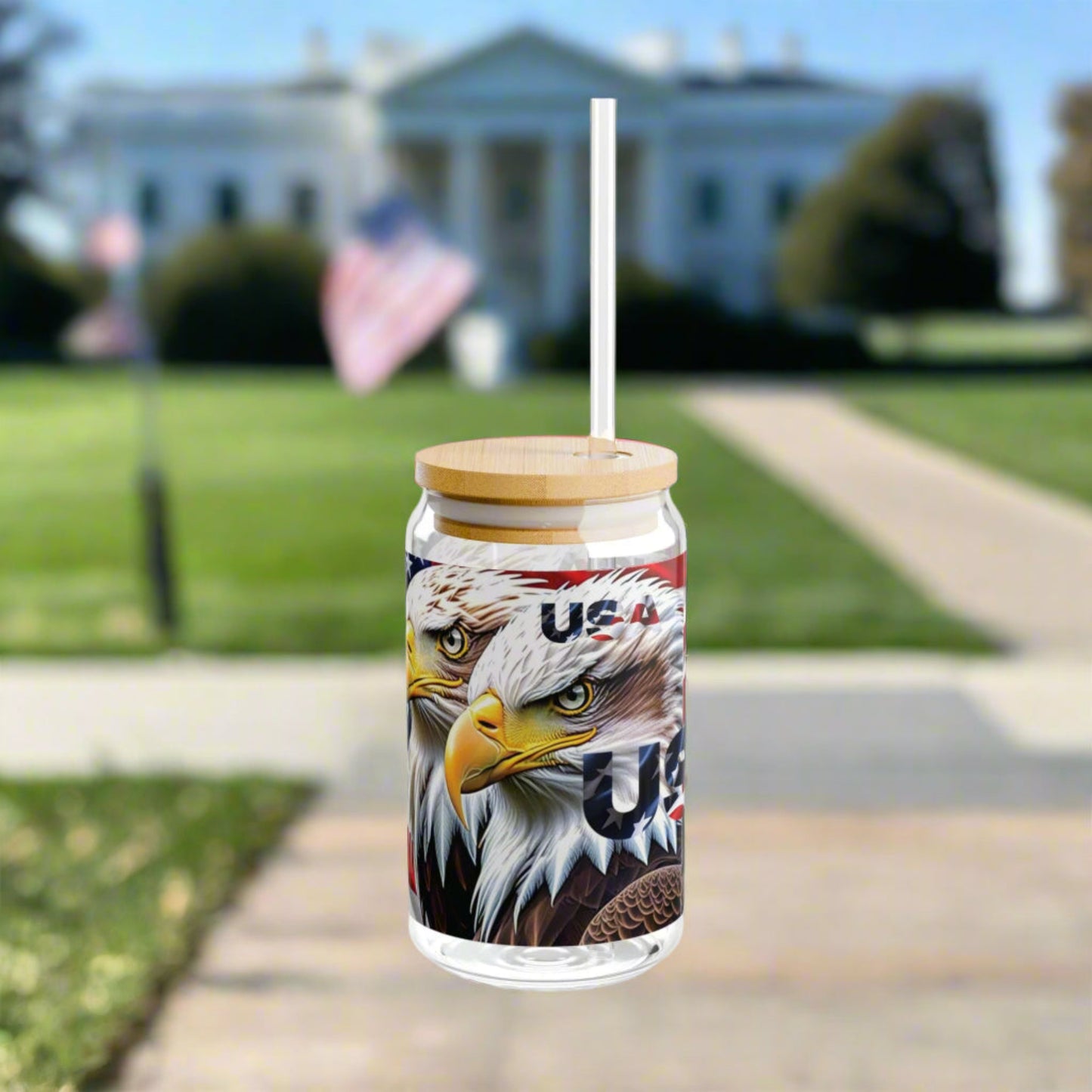 💥Patriotic 💥 USA 💥 Bald Eagles 💥 16oz 💥 Sipper Glass💥 with BPA-Free Tritan Straw & 💥 Bamboo Lid 💥