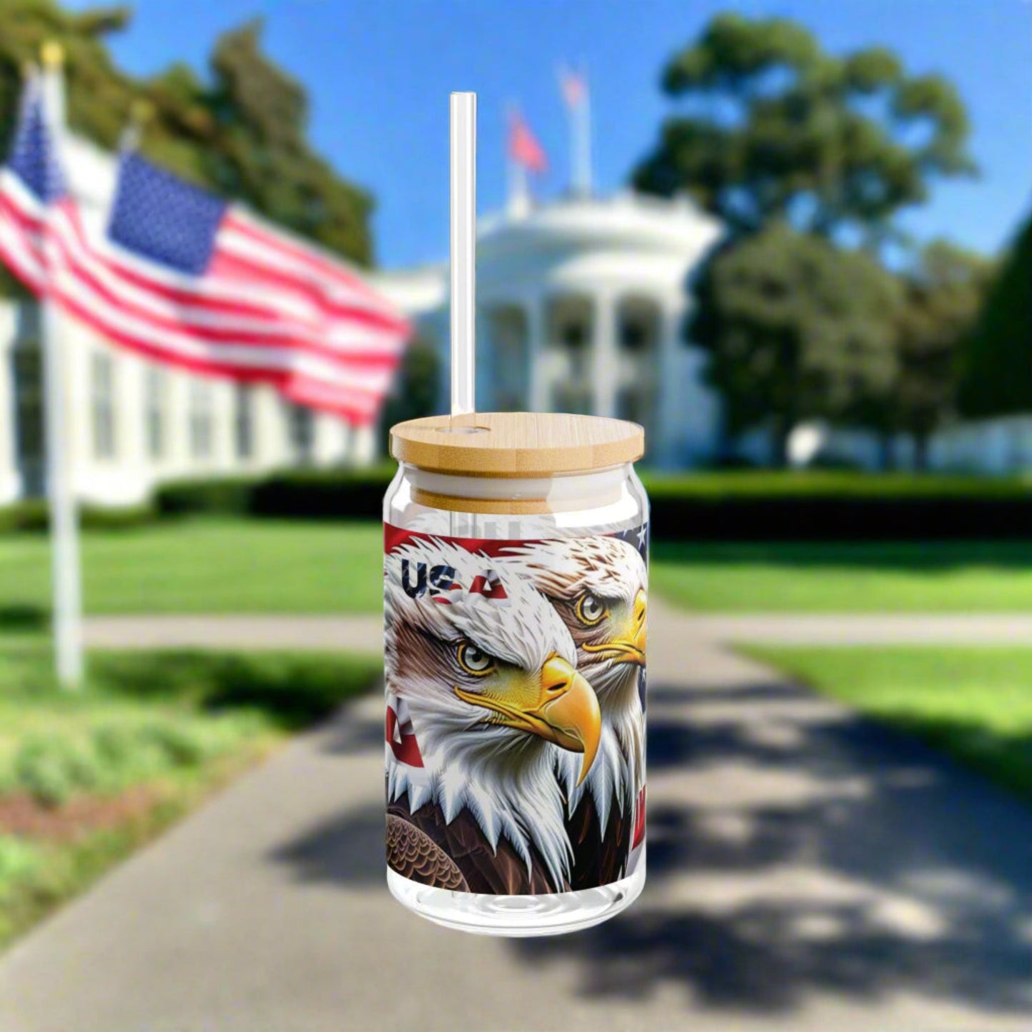 💥Patriotic 💥 USA 💥 Bald Eagles 💥 16oz 💥 Sipper Glass💥 with BPA-Free Tritan Straw & 💥 Bamboo Lid 💥